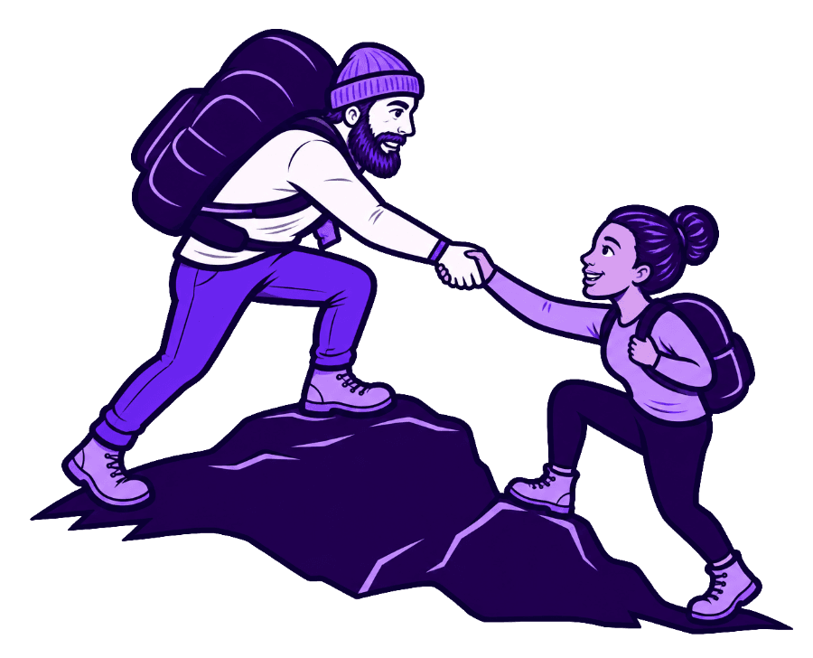 Two hikers helping each other along the trail