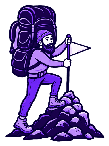 A hiker planting a flag at the summit